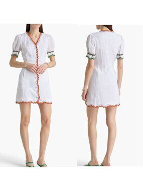NWT Saloni Marlee Embroidered Scallop Edge Details Linen Dress White Size: 10